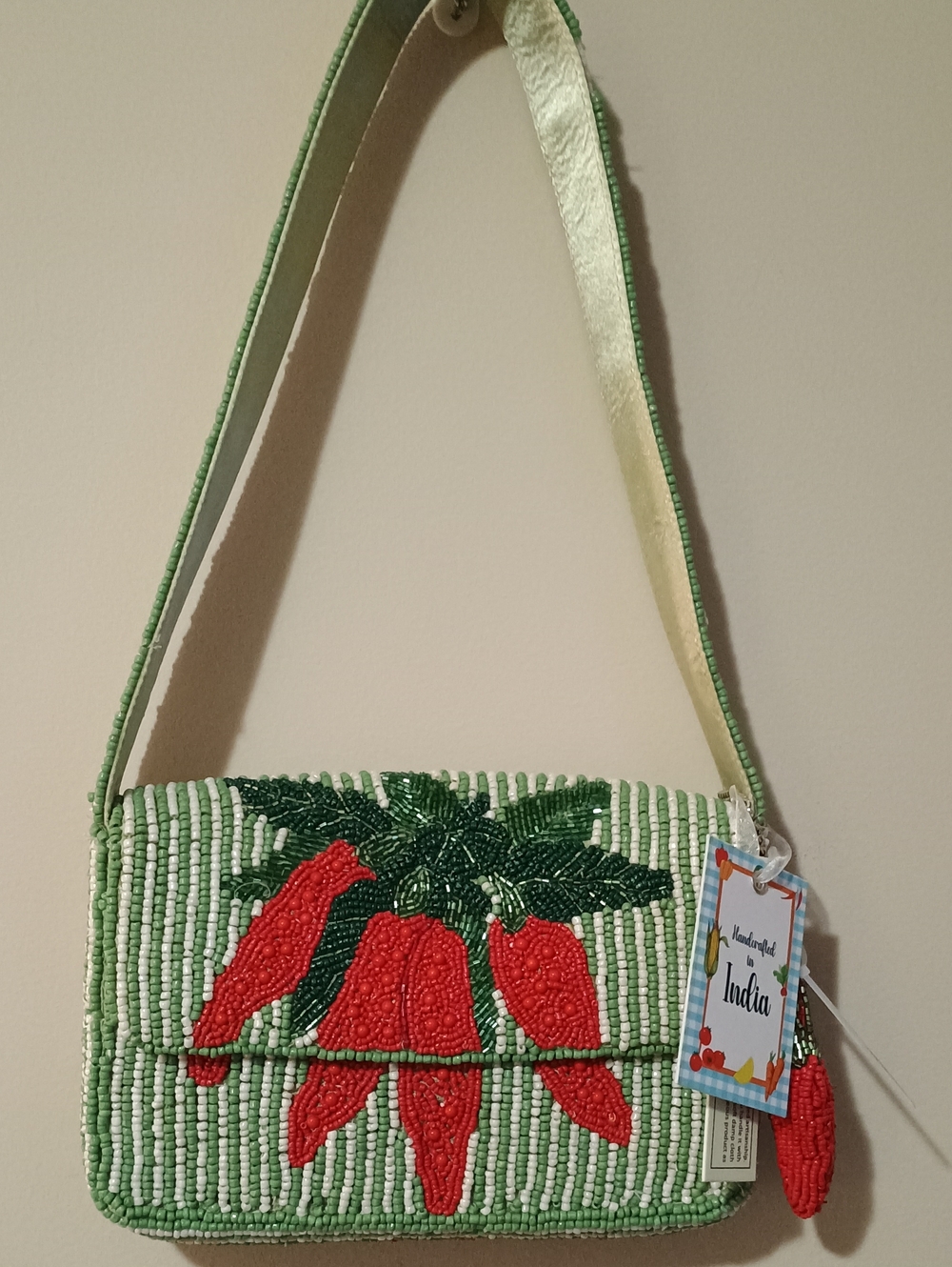 Beaded Green and Red Chili Pepper Shoulder Bag - Handcrafted